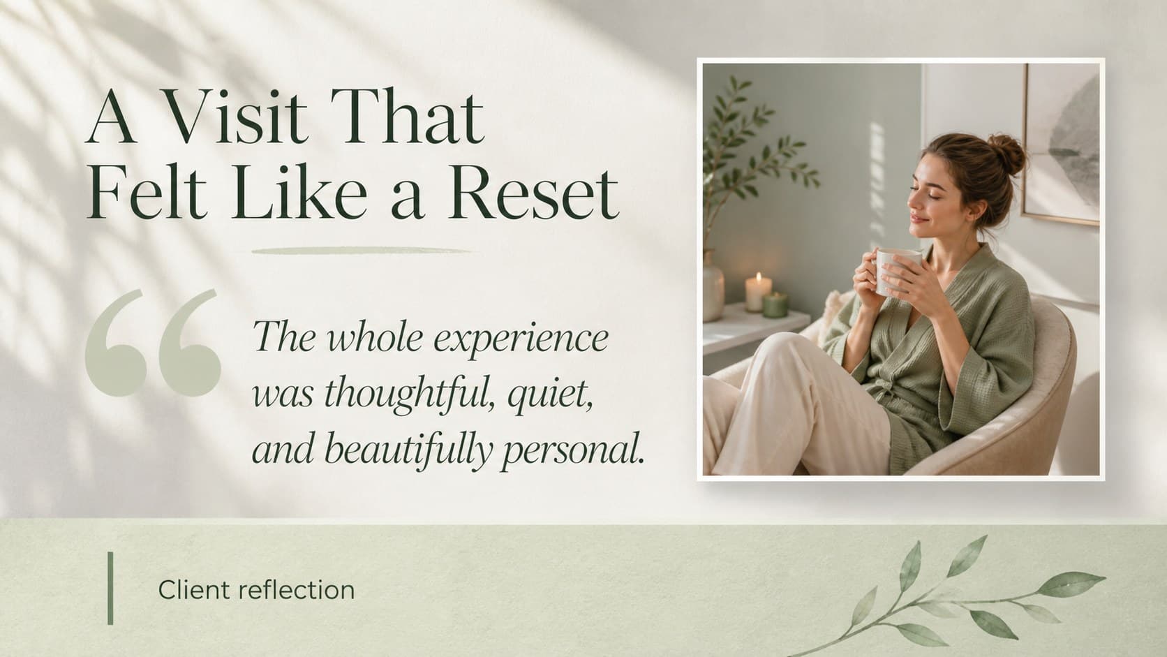 Client testimonial slide sharing a wellness review within a refined green spa presentation.
