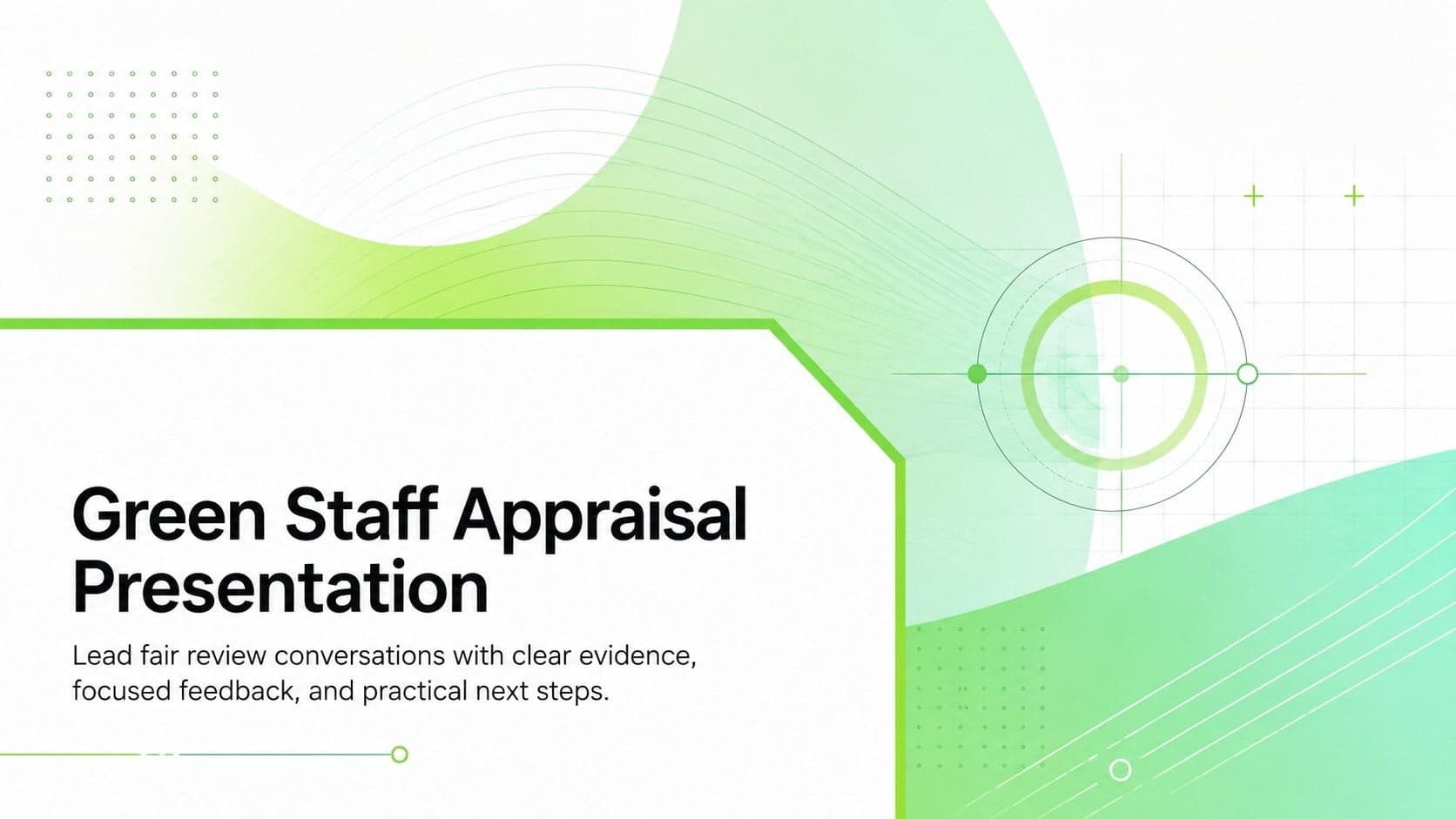 Cover of a green staff appraisal presentation with a bold title and modern geometric accents.