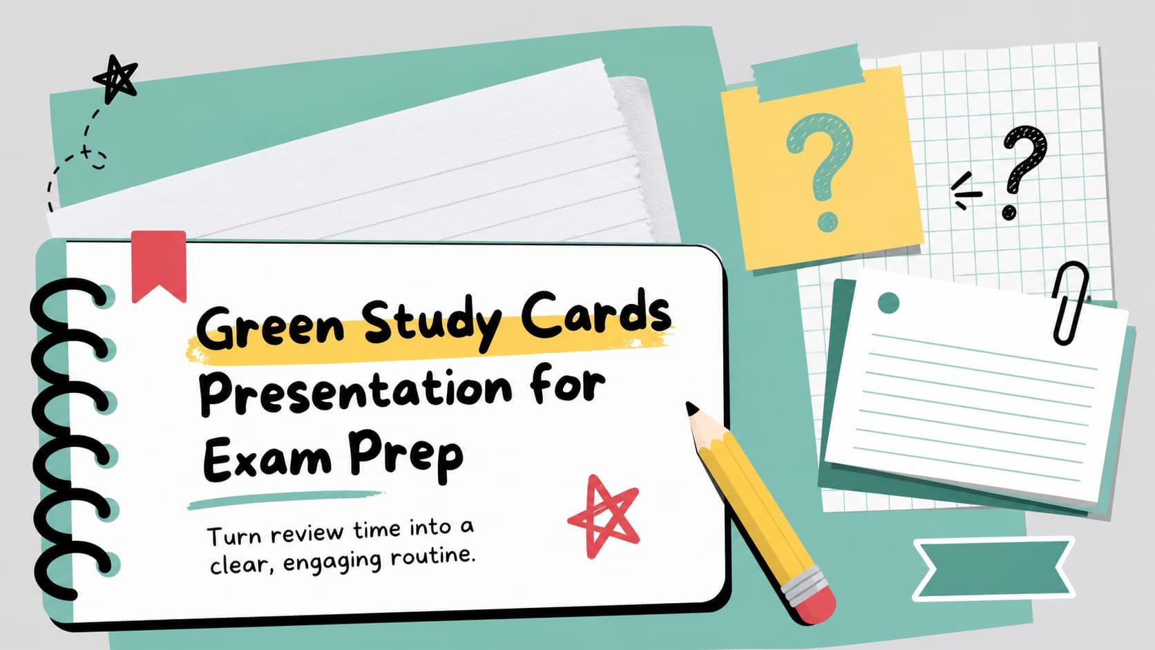 Cover slide for a green study cards presentation showing playful pastel academic doodles and an exam preparation theme.