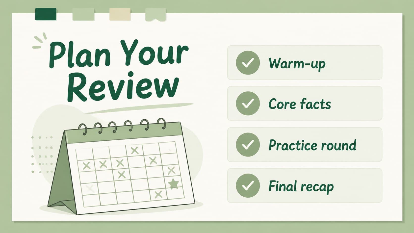 Study session agenda slide with pastel green sections for organizing exam review topics.