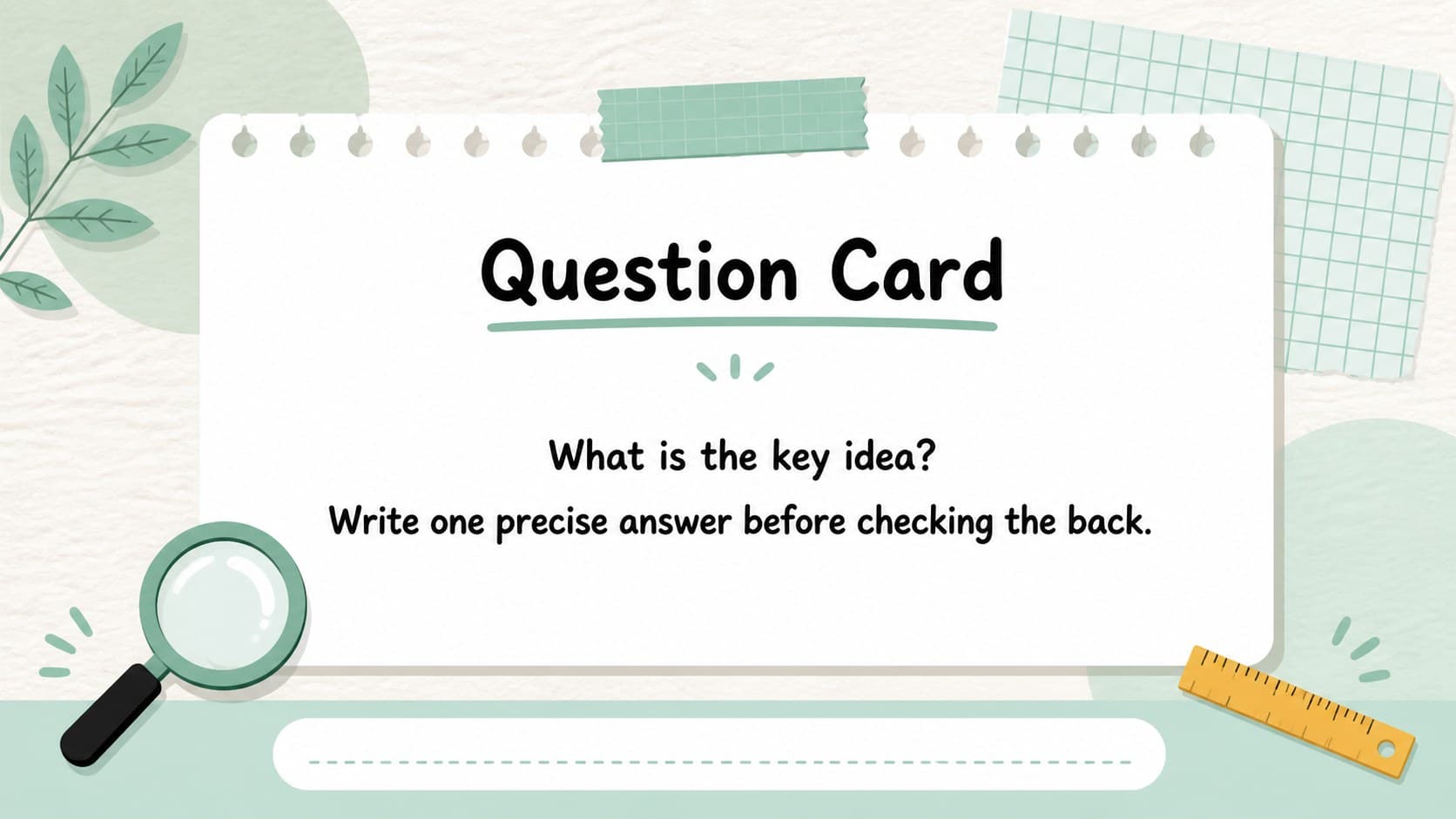 Question card layout slide presenting a clear exam review prompt in a colorful notebook style.