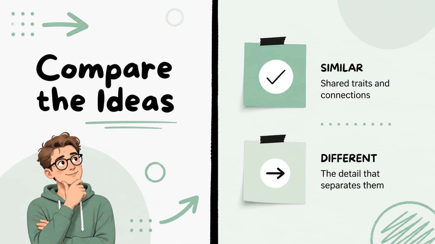 Two-column comparison slide for contrasting related study concepts with pastel green visuals.