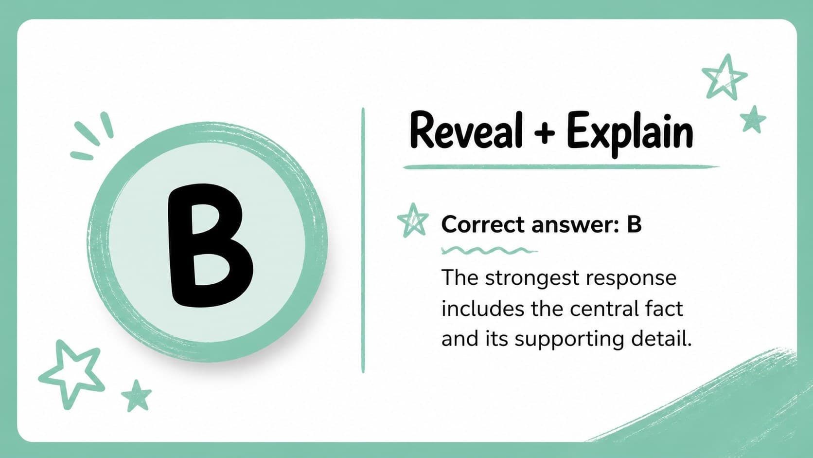 Answer reveal slide showing the correct response and a short explanation for exam review.