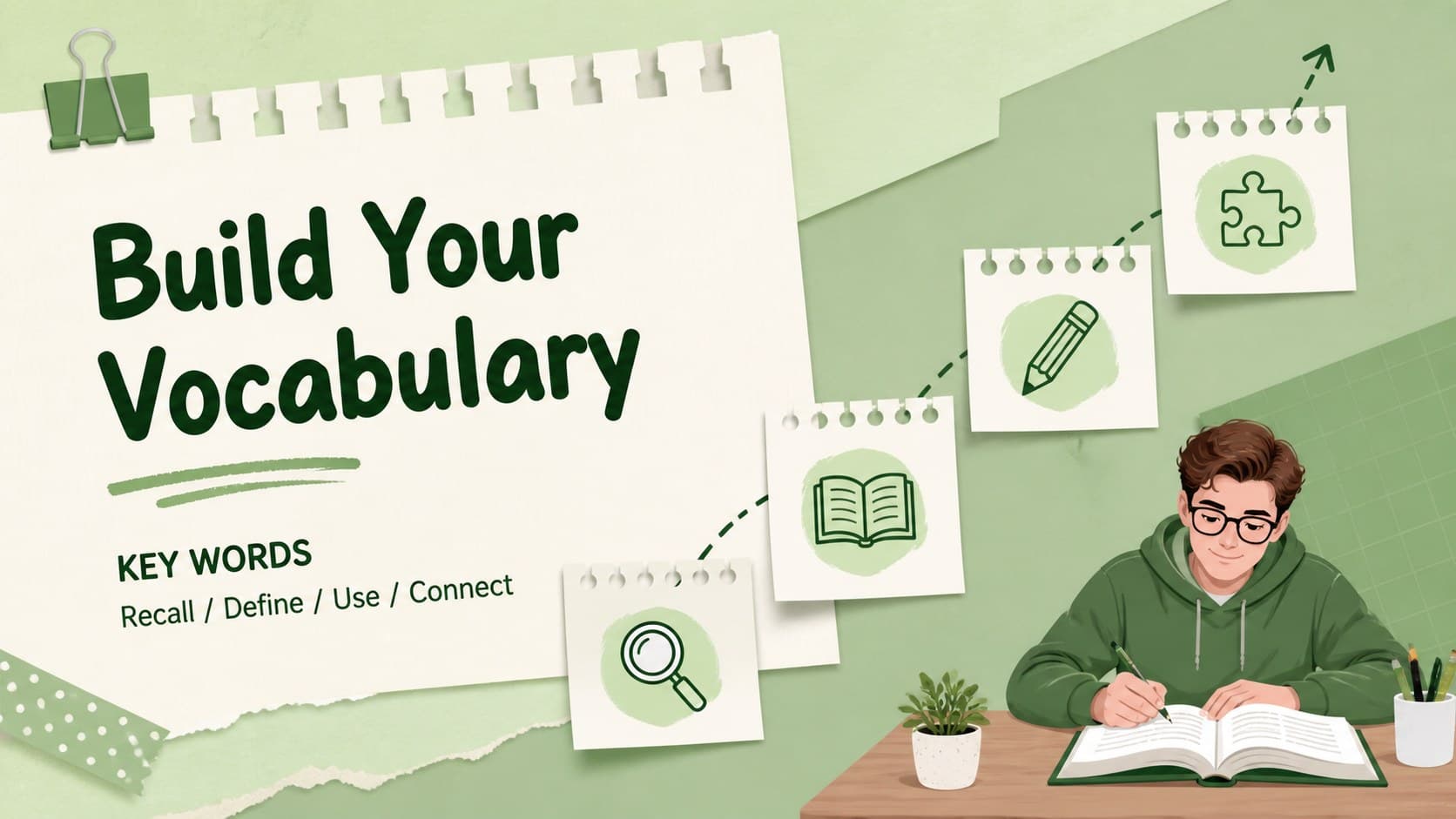 Vocabulary practice slide displaying key terms in colorful green and pastel study labels.