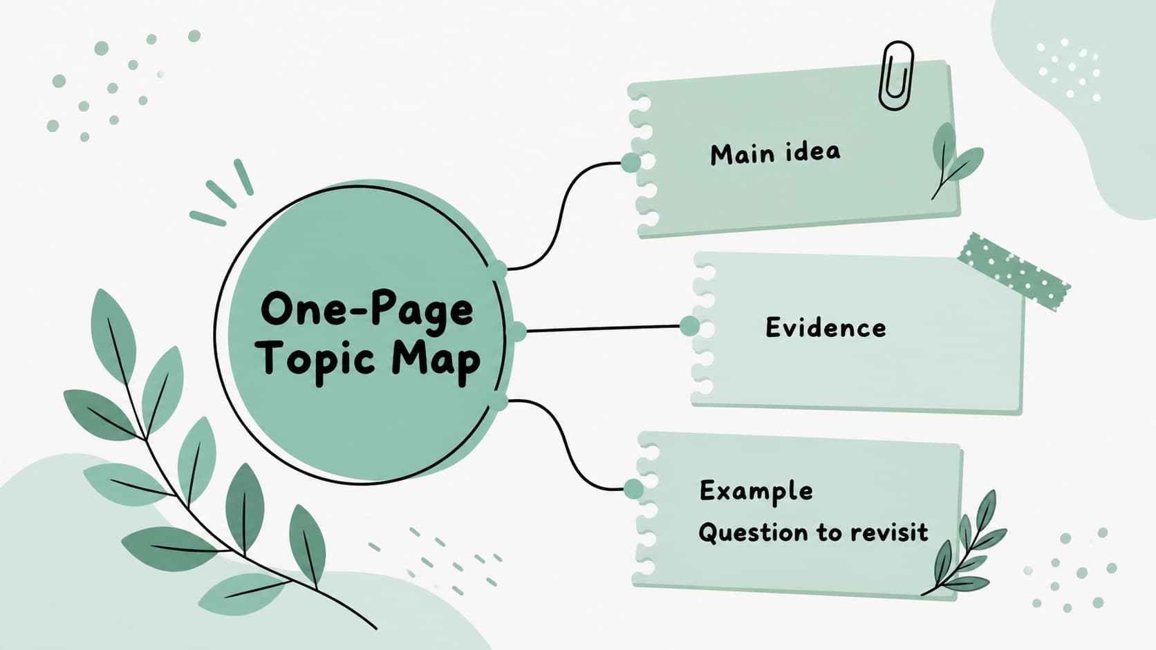 Subject summary slide organizing major exam topics into a concise pastel green study map.