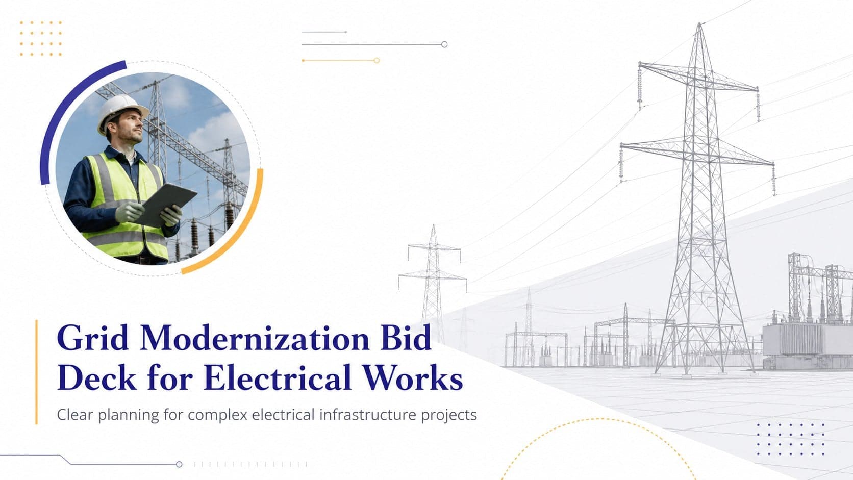 Cover slide for an electrical infrastructure proposal deck showing a modern grid upgrade concept in a clean white layout.