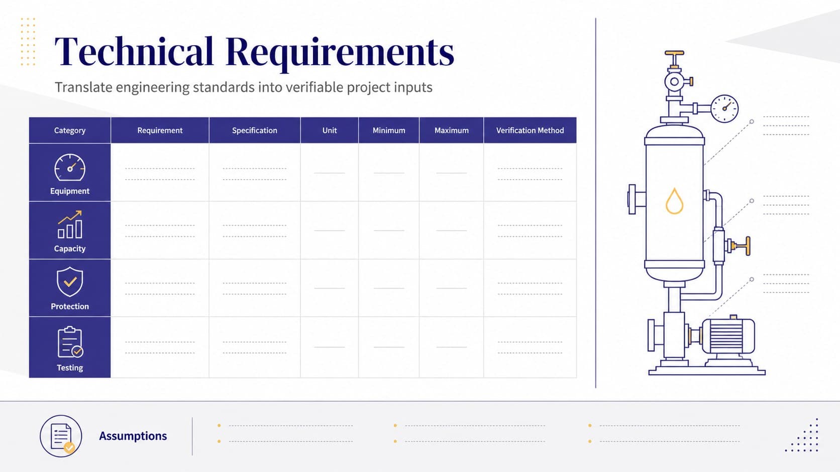 Technical specifications slide summarizing equipment, capacity, and performance requirements.