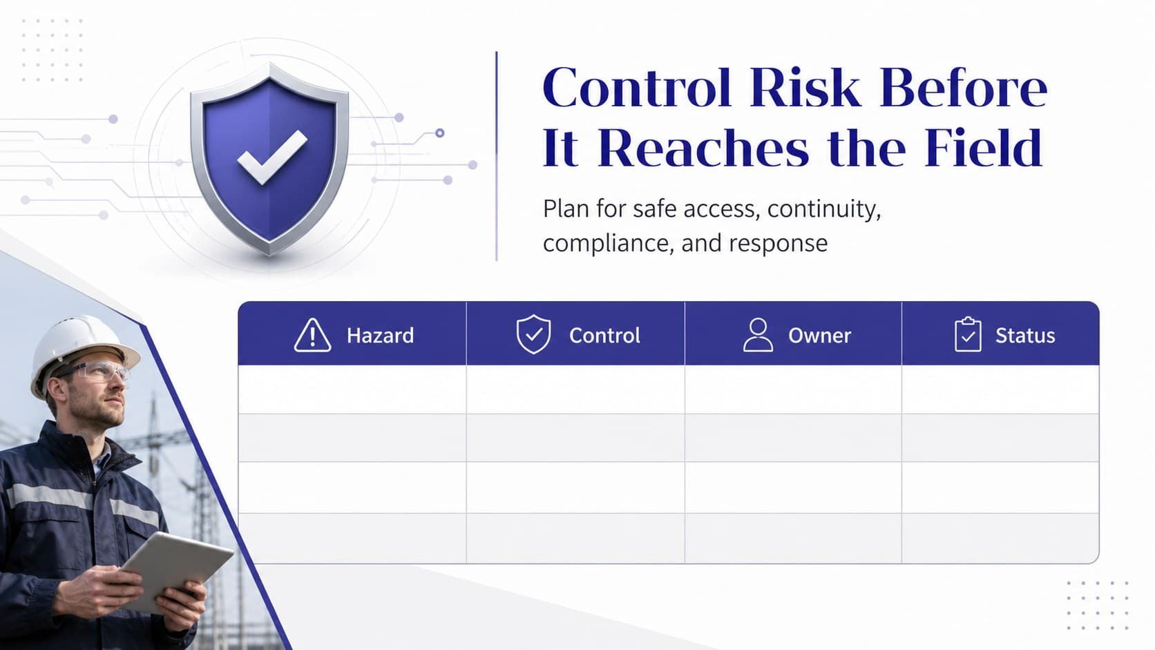 Risk and safety slide mapping key controls for an electrical infrastructure project.