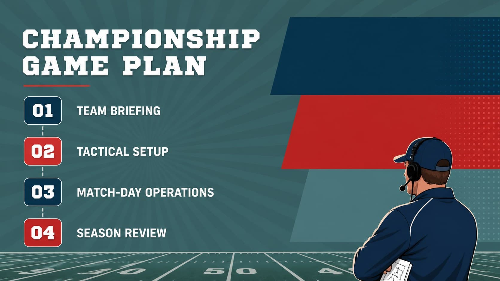 Agenda slide outlining championship preparation stages in a retro American football presentation.