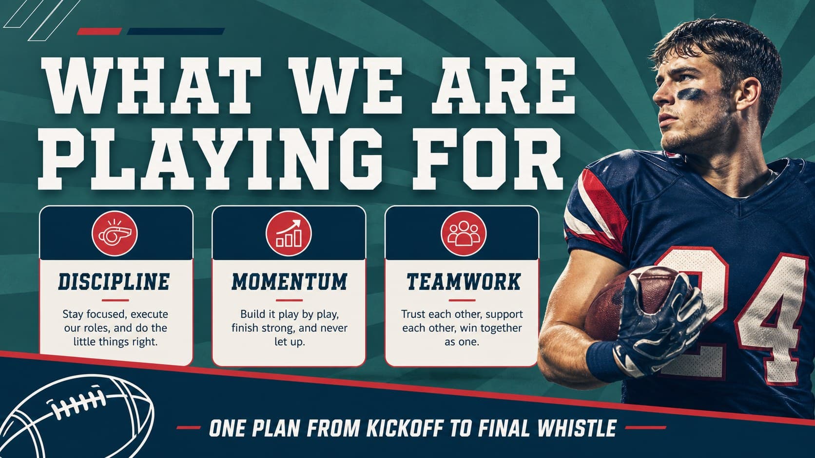 Football team identity slide showing championship goals and a retro green, red, and blue visual system.