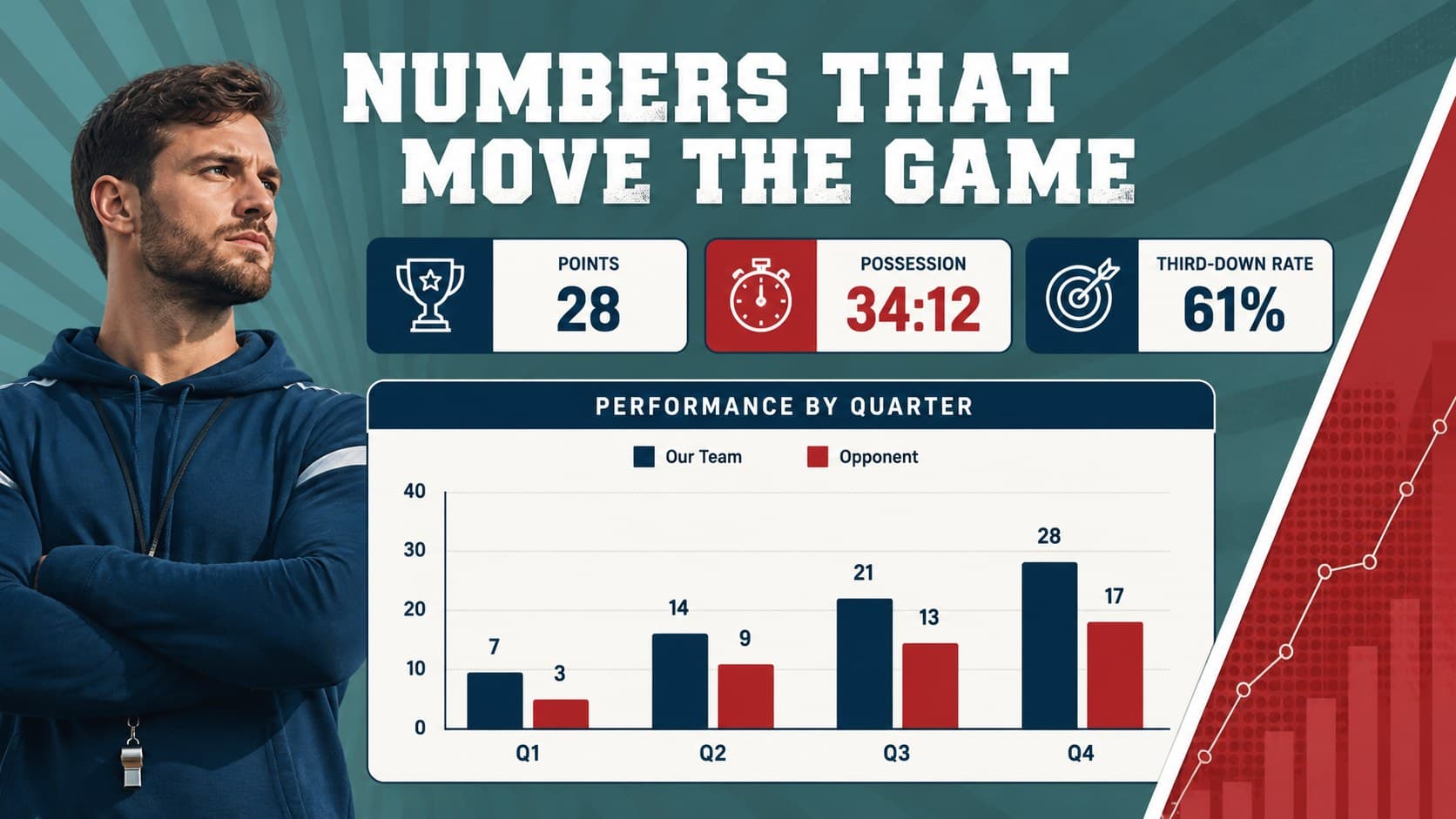 Team statistics slide with editable football performance metrics and retro sports accents.