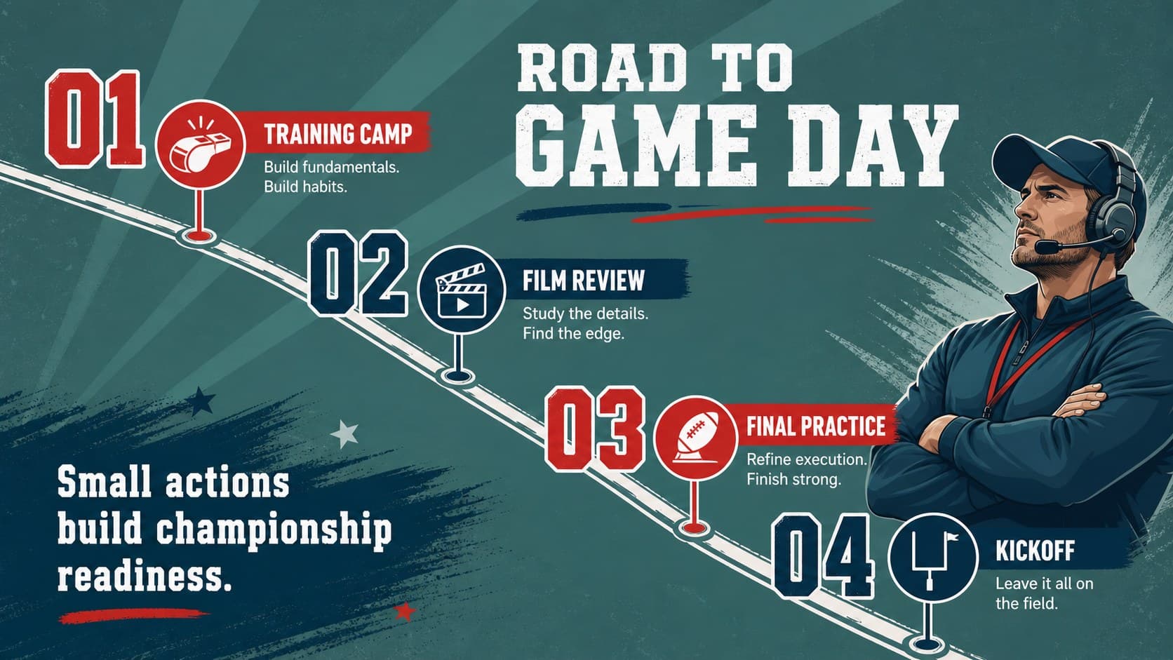 Championship timeline slide mapping preparation milestones from training camp to game day.