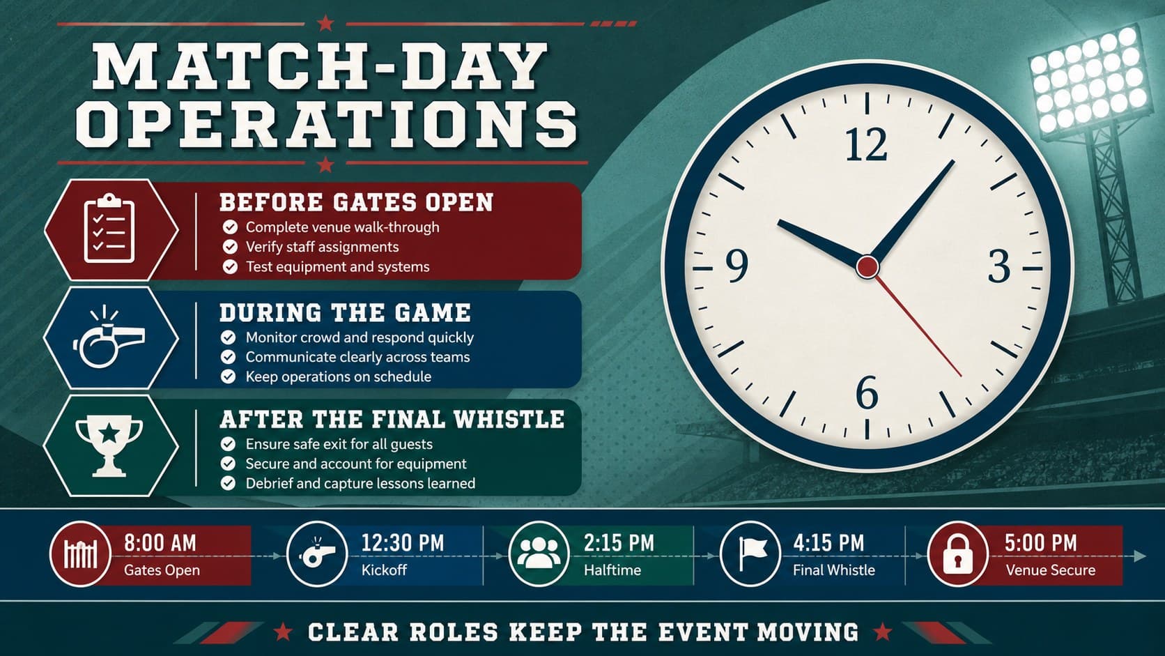 Match-day operations slide organizing venue timing, staffing, and fan experience details.