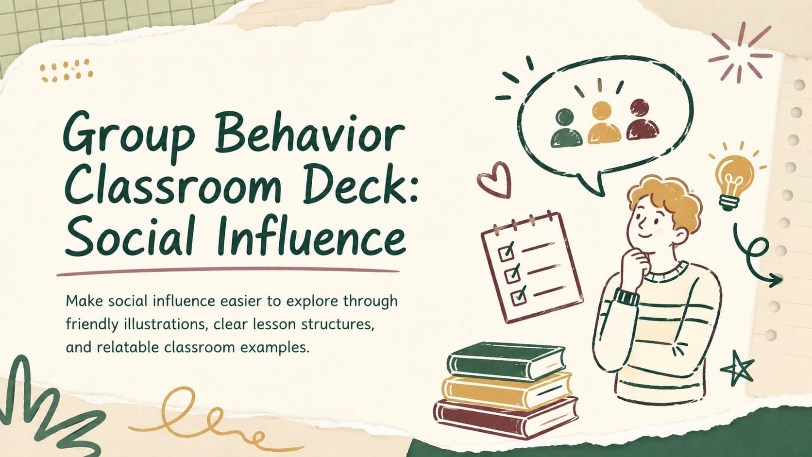 Beige and green cover for a group behavior classroom deck with hand-drawn social influence illustrations.