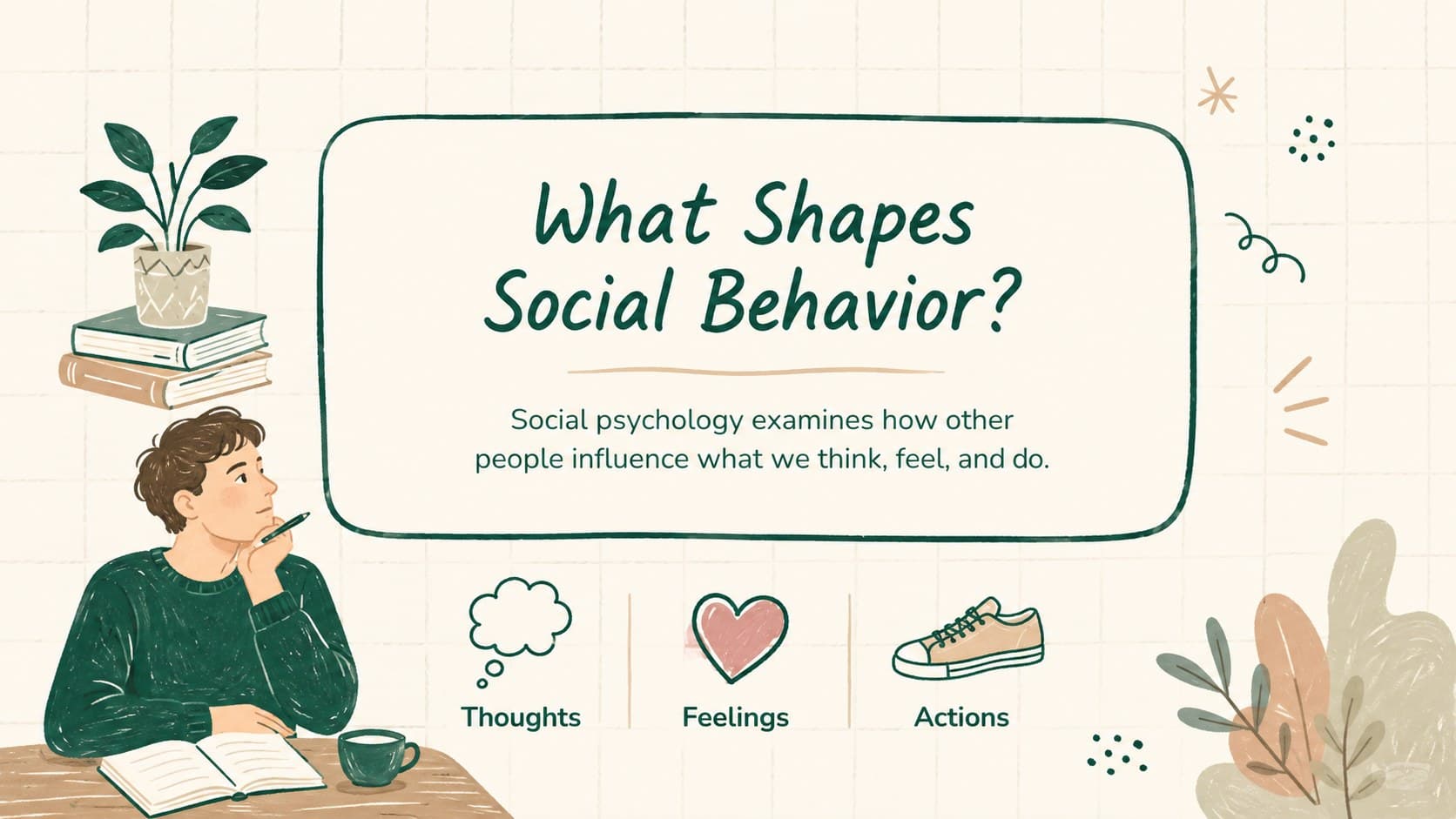 Illustrated social psychology definition slide explaining how people affect thoughts, feelings, and actions.