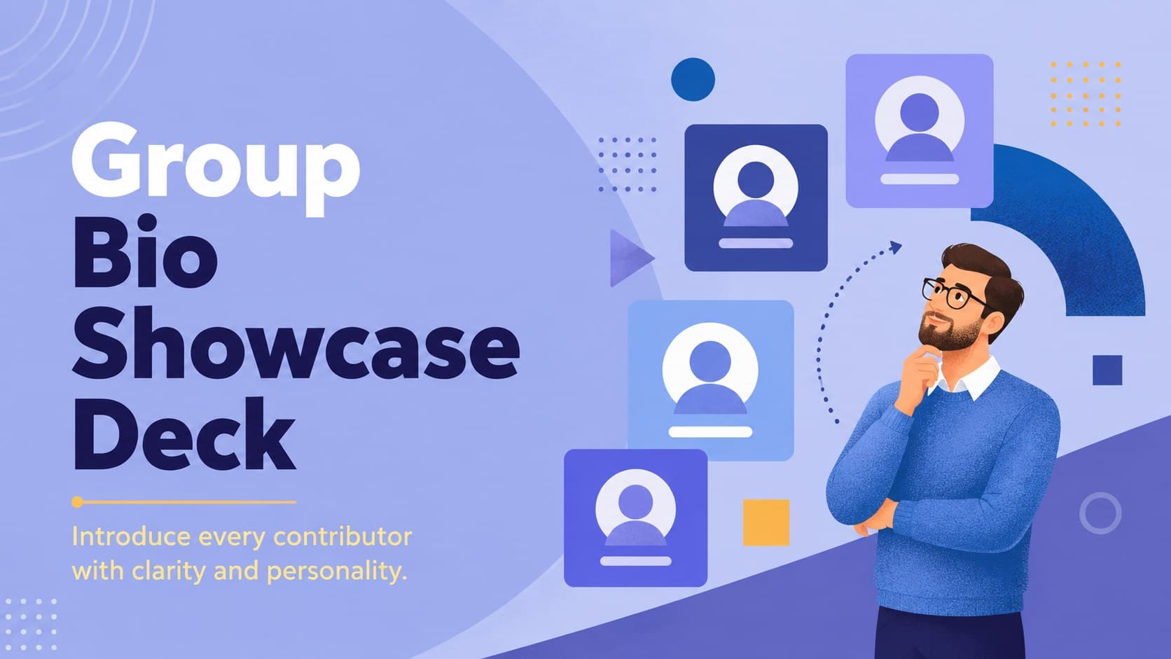 Cover of the Group Bio Showcase Deck with bold blue and purple typography for introducing a project team.