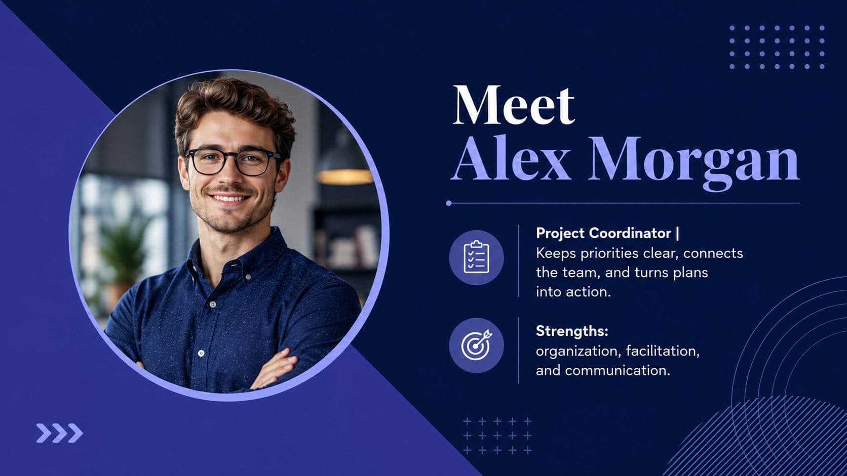 Group project member profile slide featuring a portrait, role, skills, and short personal detail.