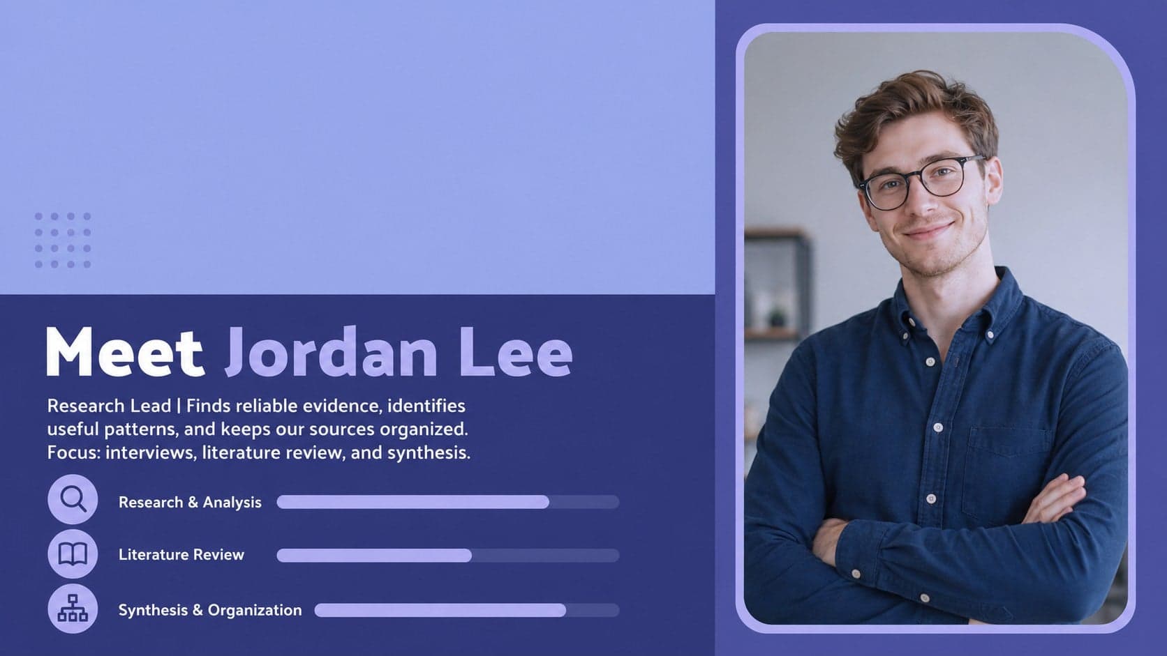 Student team introduction template slide highlighting a research lead and their specialist skills.