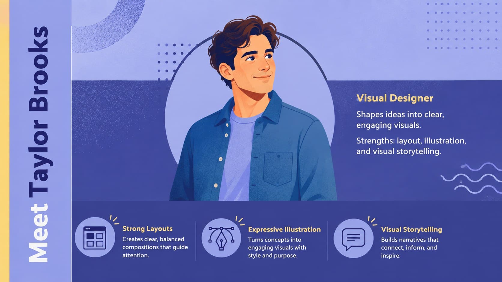 Professional team bio presentation slide introducing a visual designer with three creative strengths.