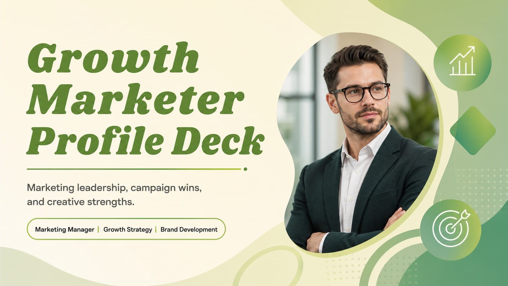 Green-gradient cover slide for a growth marketer profile deck featuring a polished professional resume introduction.