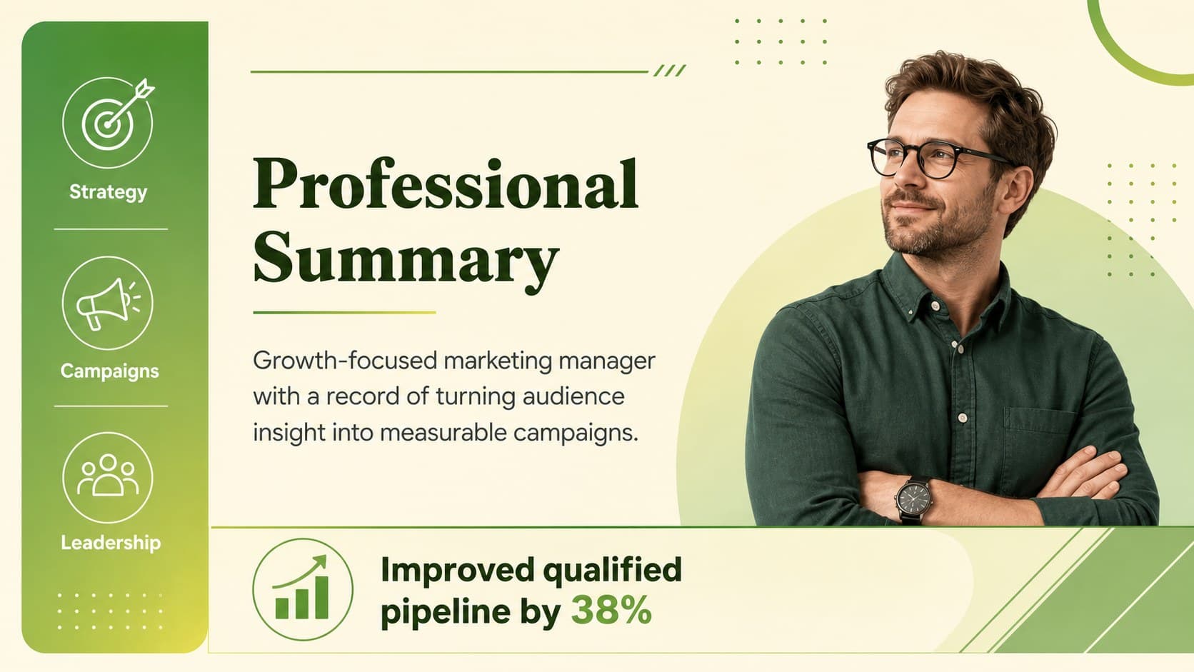Marketing manager CV presentation slide showing a concise professional summary and career highlights in a green layout.