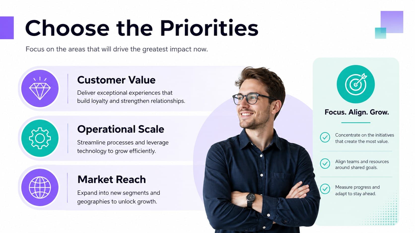 Strategic priorities slide organizing three business growth priorities with editable infographic elements.