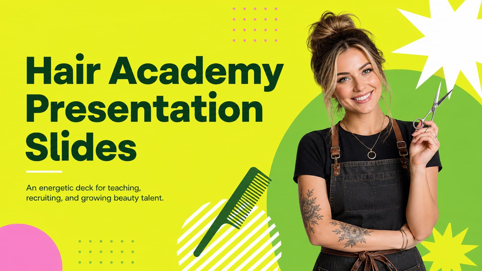Bright cover slide introducing a hair academy presentation with illustrated beauty-school artwork.