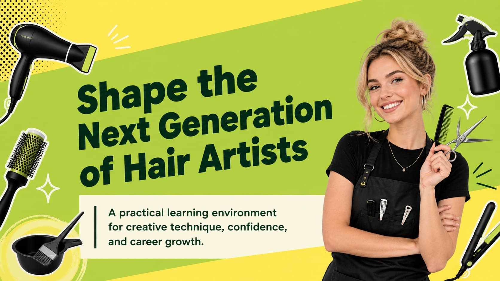 Illustrated academy introduction slide outlining a modern hairdressing course presentation.