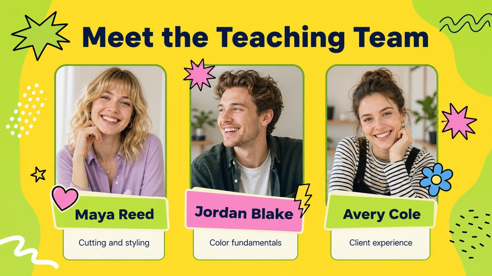 Instructor profile layout for a hair education marketing deck in a colorful illustrated style.