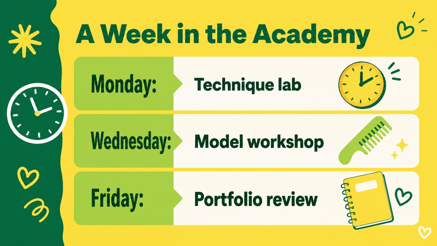 Cosmetology class schedule slide with a clear weekly training timetable.
