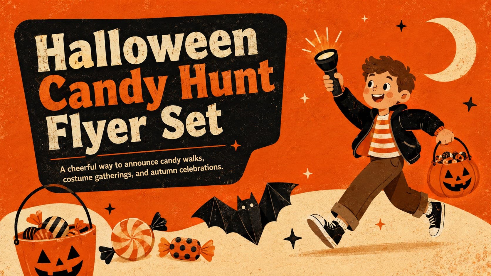 Halloween candy hunt flyer set cover with bold orange lettering and playful seasonal illustrations.