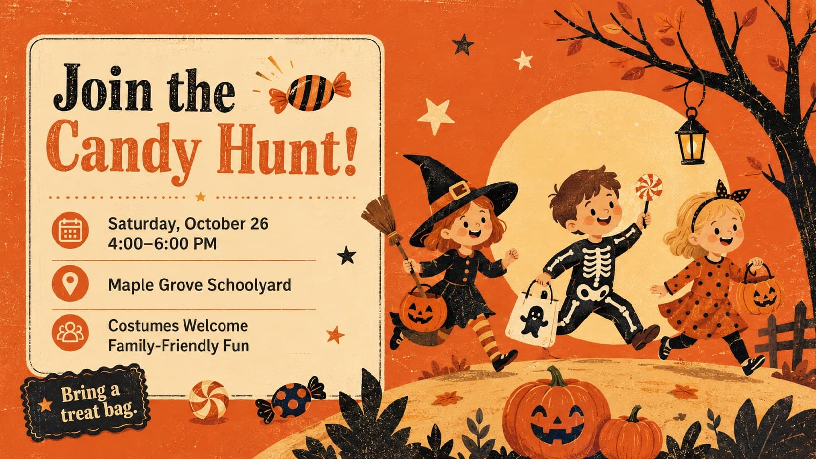 Editable orange Halloween school flyer displaying candy hunt date, location, costume note, and event details.