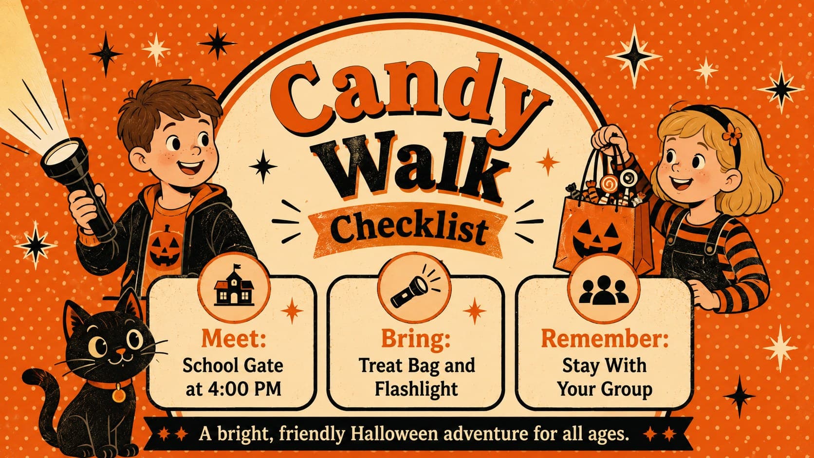 Kid-friendly Halloween event signage with an orange safety checklist and candy walk information.