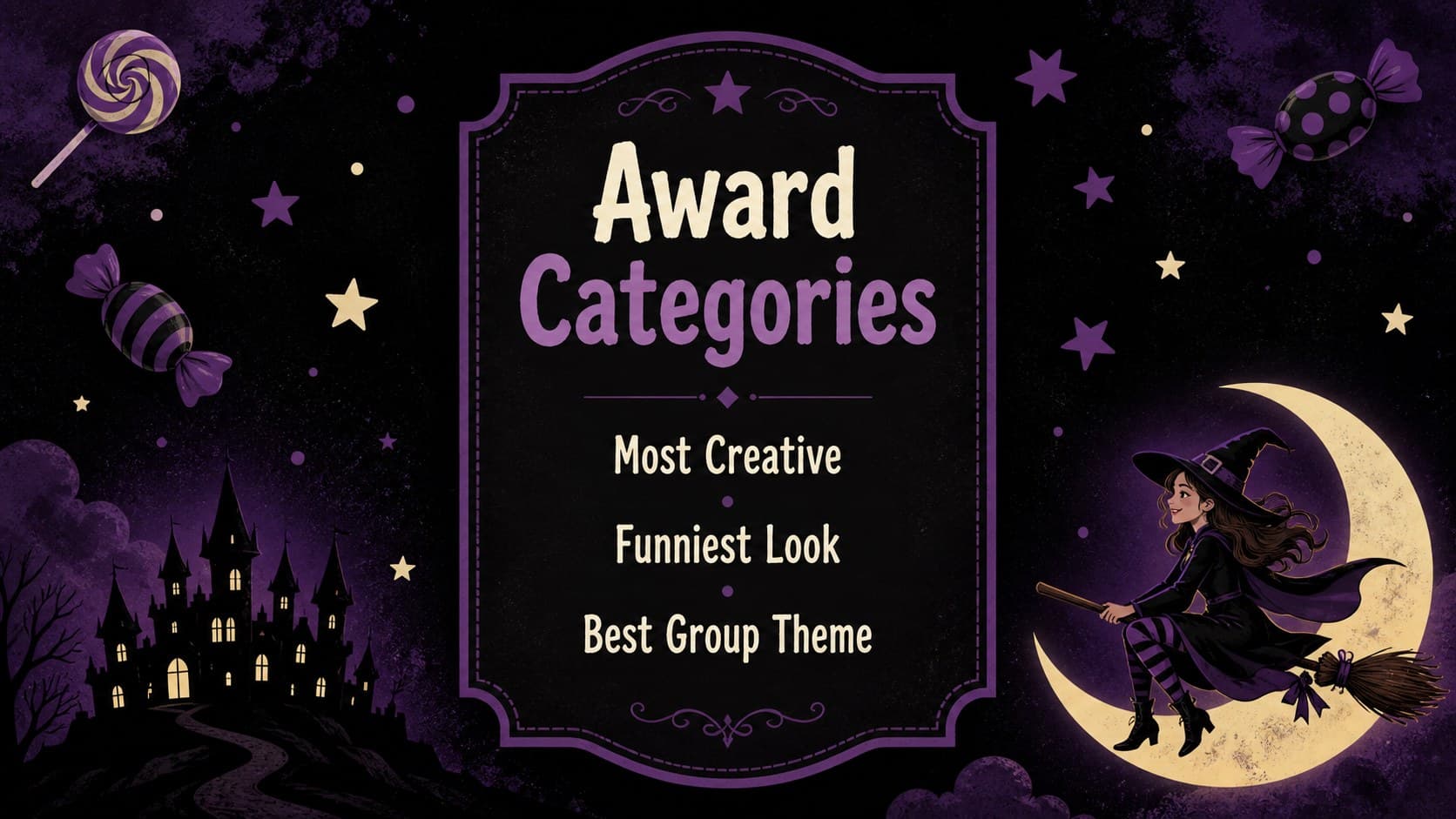 Editable Halloween award category slide showing playful black and purple graphics for costume judging.