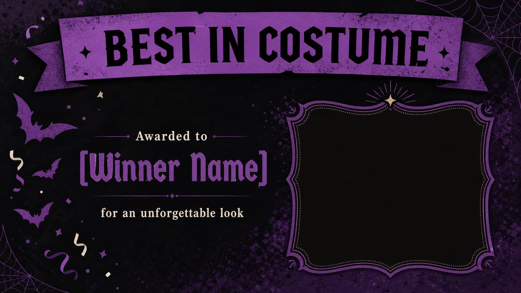 Halloween costume contest certificate slide with an editable winner spotlight in a retro illustrated style.