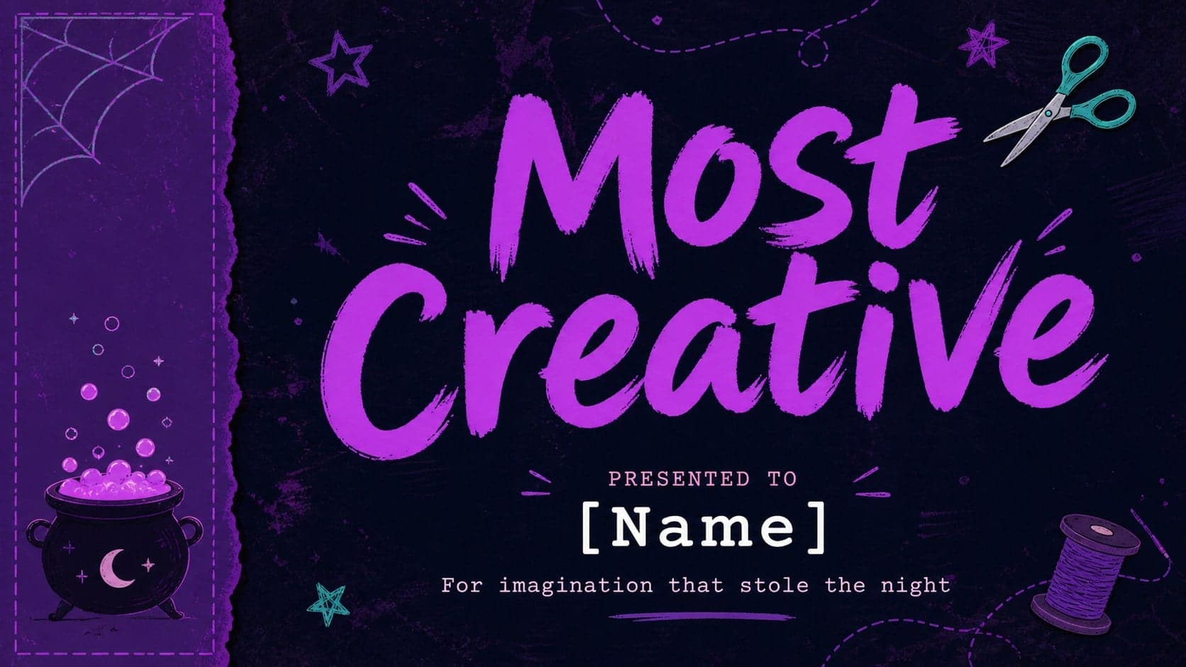 Printable Halloween award certificate layout celebrating the most creative costume with editable recipient text.