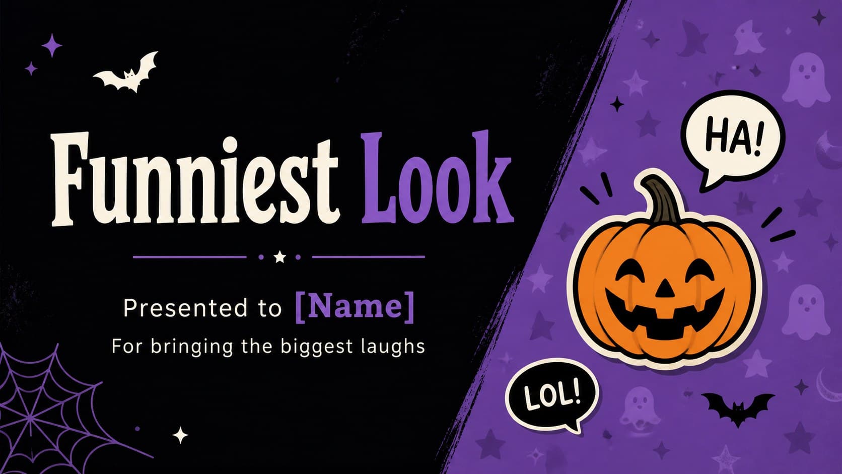 Retro Halloween celebration slide announcing a humorous costume award with editable event details.