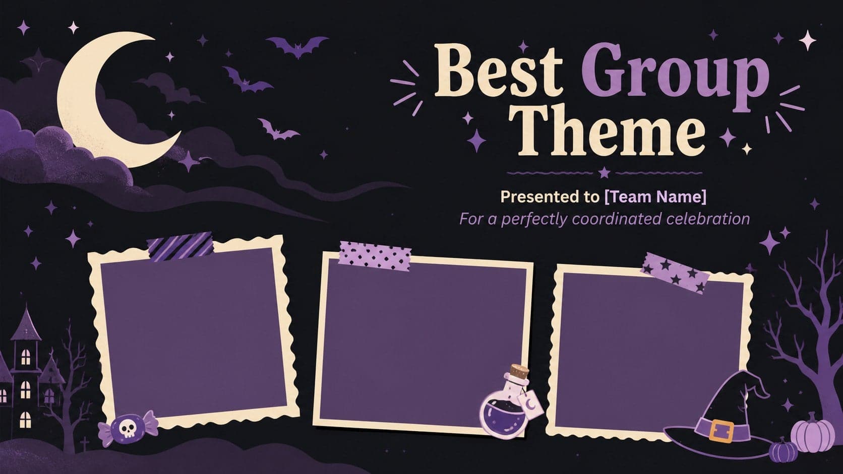 Editable costume contest certificate slide recognizing a group theme in a bold purple and black design.