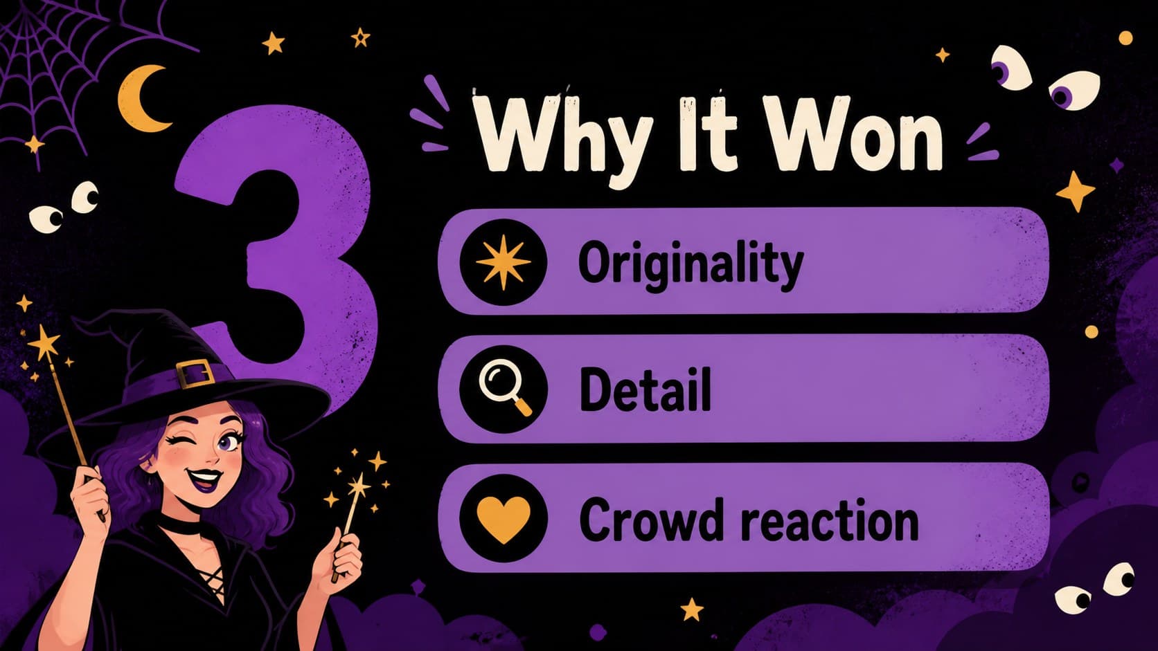 Halloween party winner announcement slide with judging highlights and editable notes.