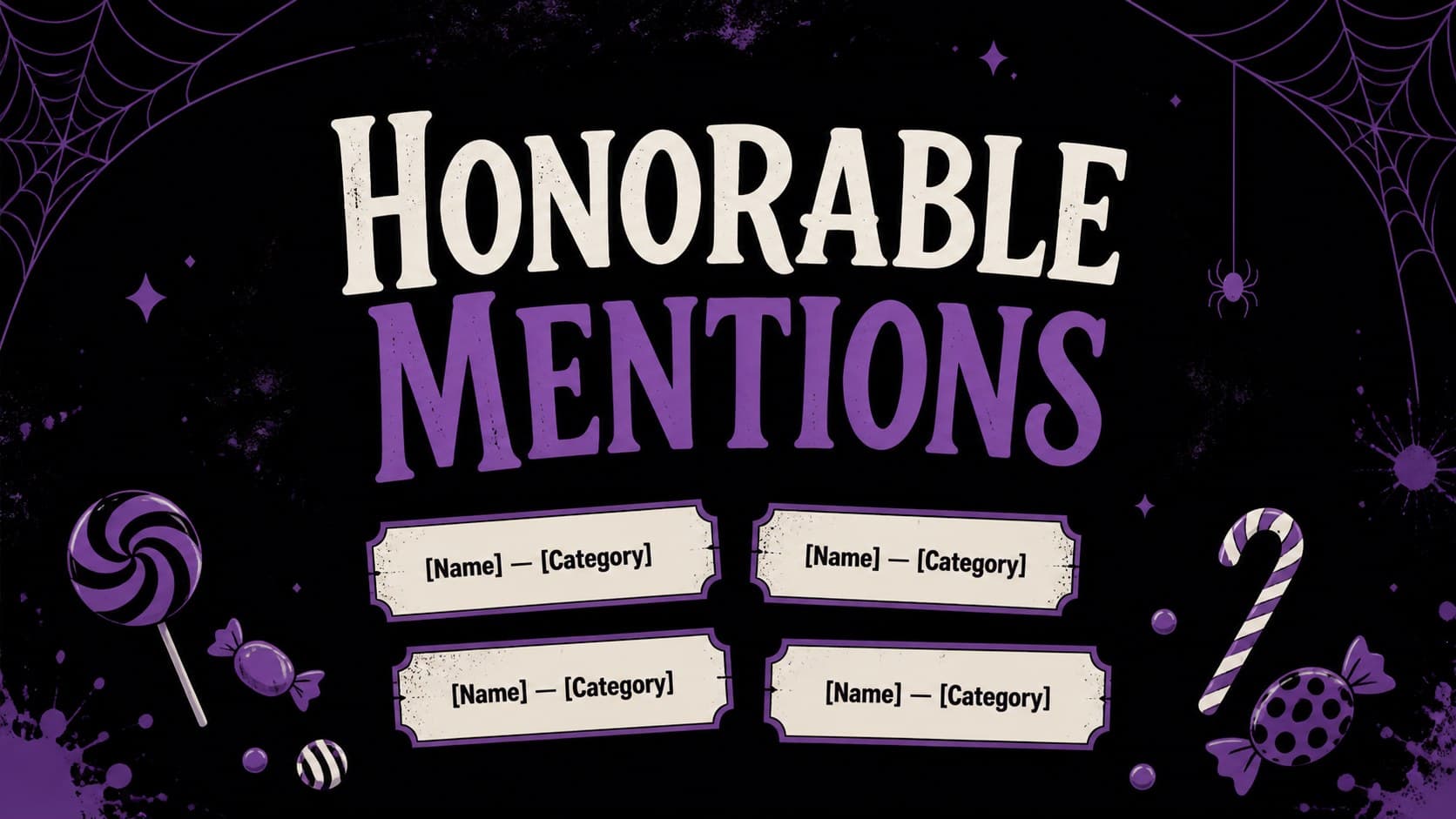 Halloween awards presentation slide for honorable mentions with editable names and category labels.