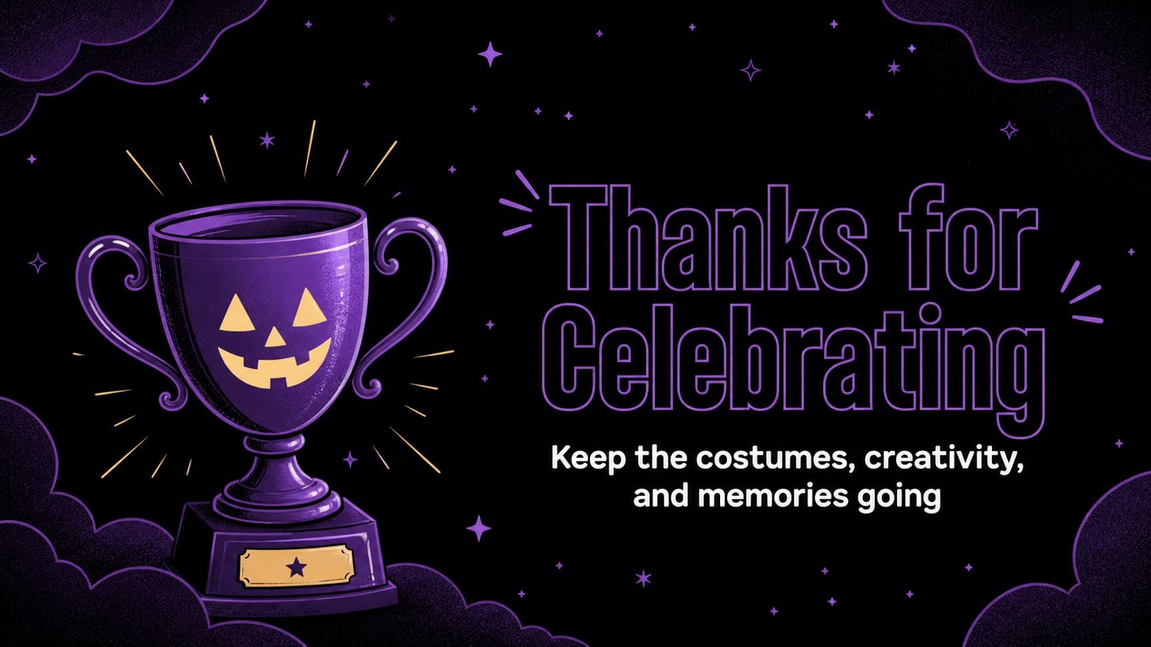 Closing Halloween costume award slide thanking guests and ending the retro celebration presentation.