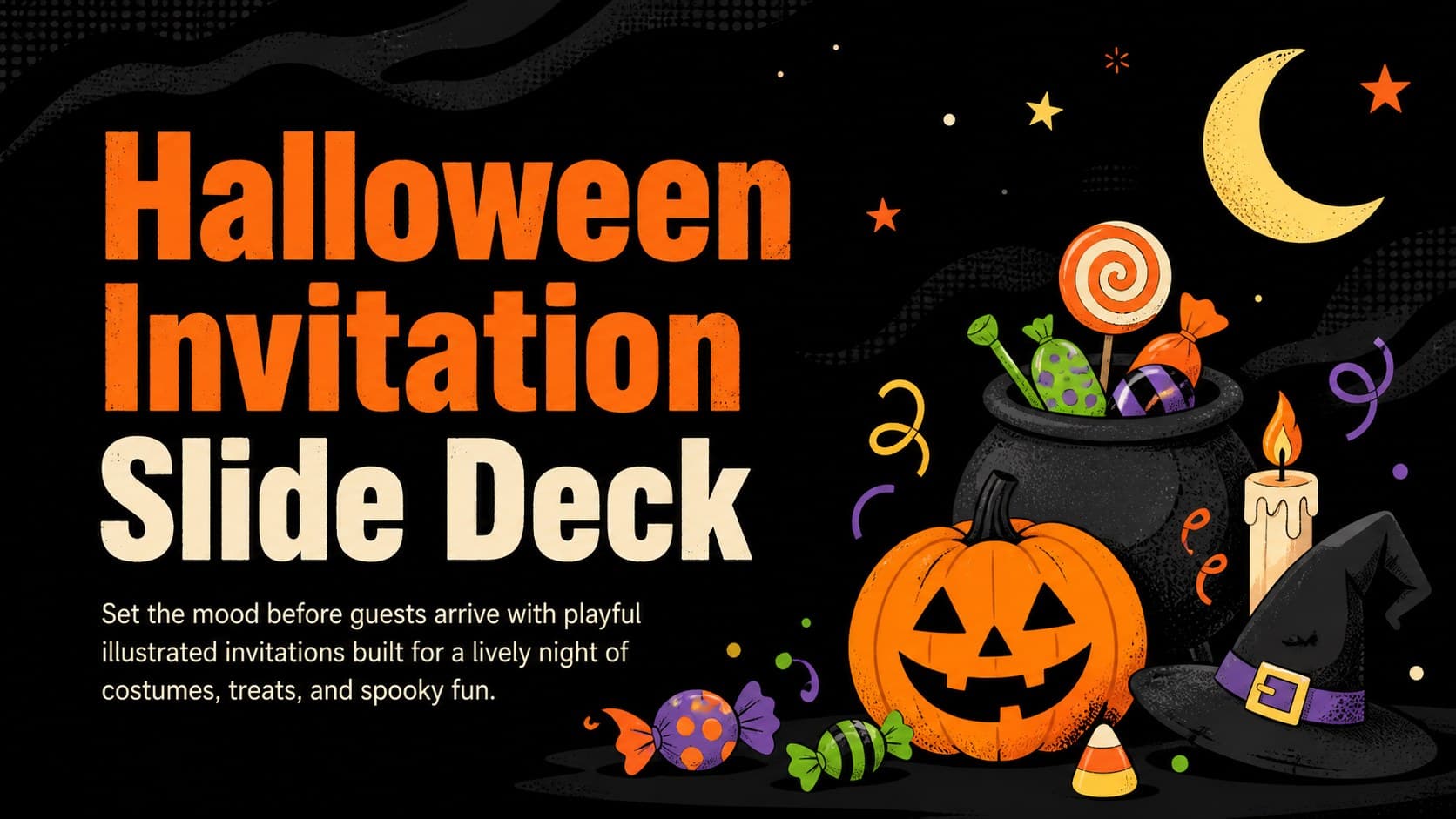 Cover of a Halloween invitation slide deck with playful orange illustrations on a dramatic black background.