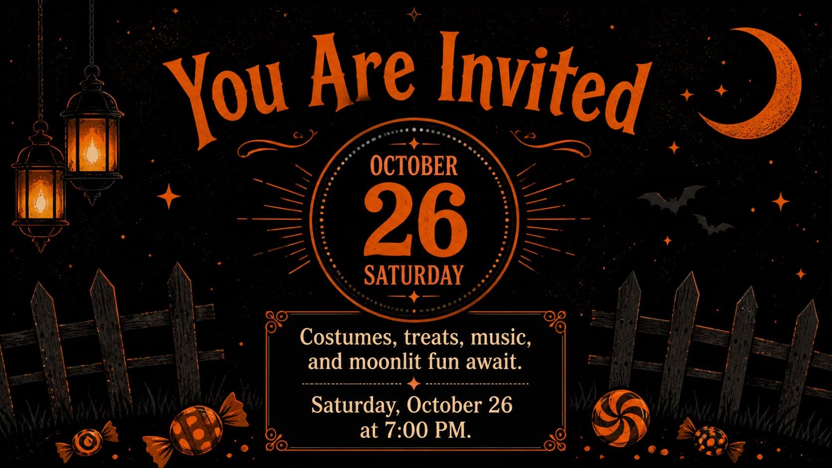 Illustrated Halloween party invitation announcing the date, time, and costume theme.