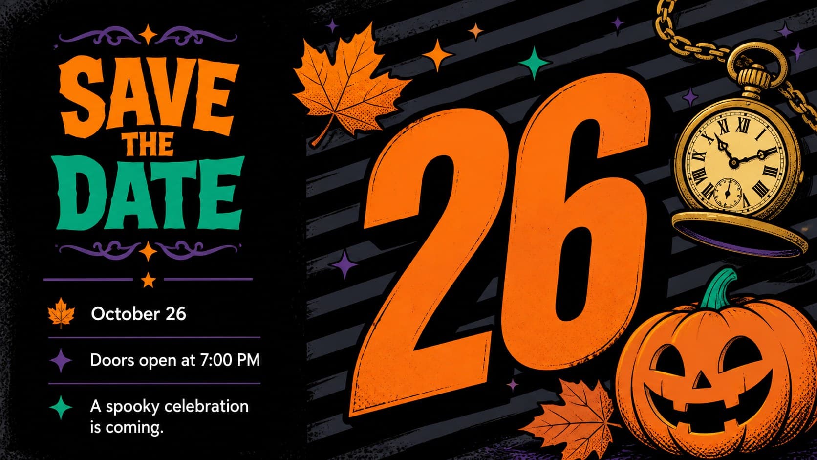 Black and orange Halloween invite template featuring a large save-the-date message.