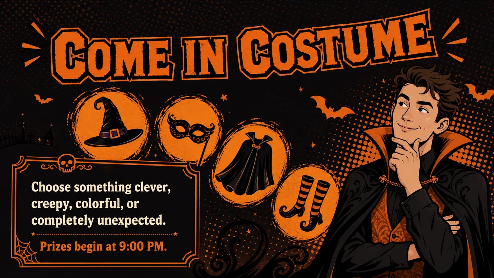 Halloween costume party announcement slide with playful witch and mask illustrations.