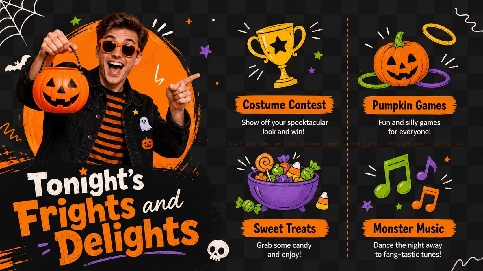 Halloween invitation slide presenting party activities with illustrated icons.