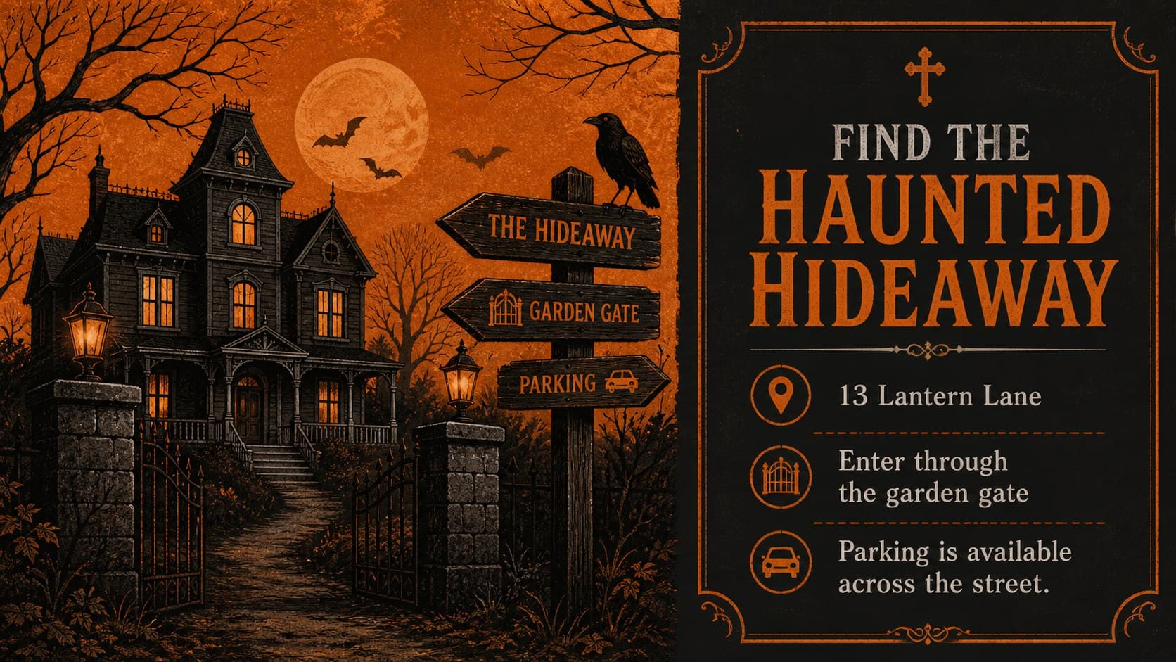 Spooky event invitation deck slide showing the party location and arrival details.