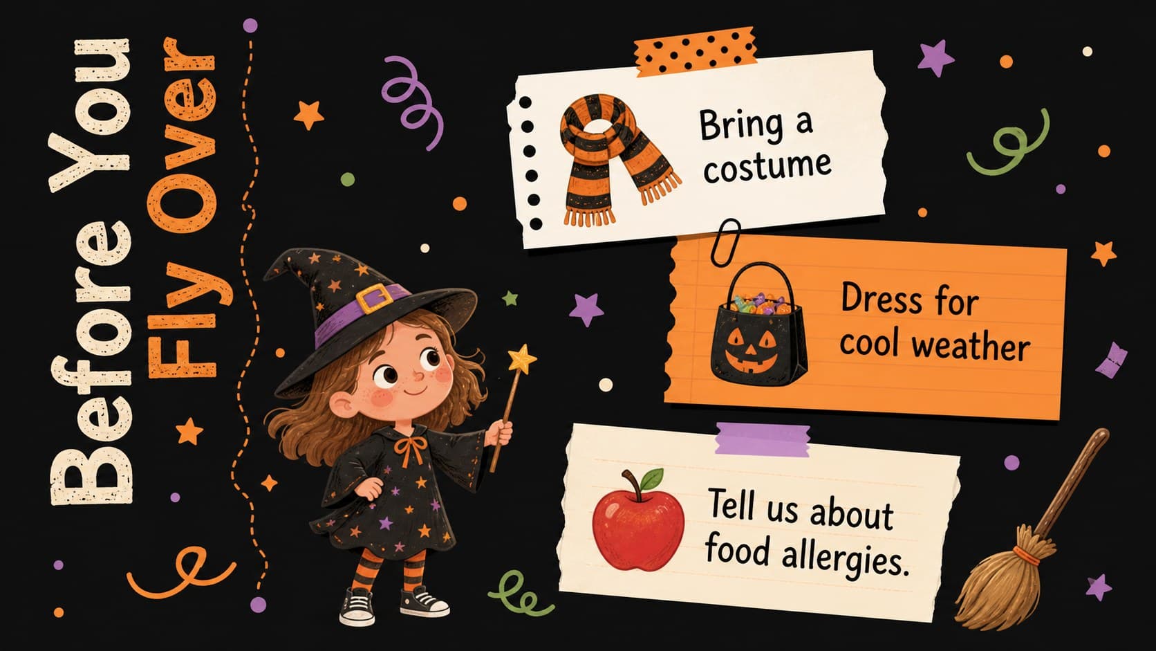 Kid-friendly Halloween invitation presentation slide with cheerful party reminders.