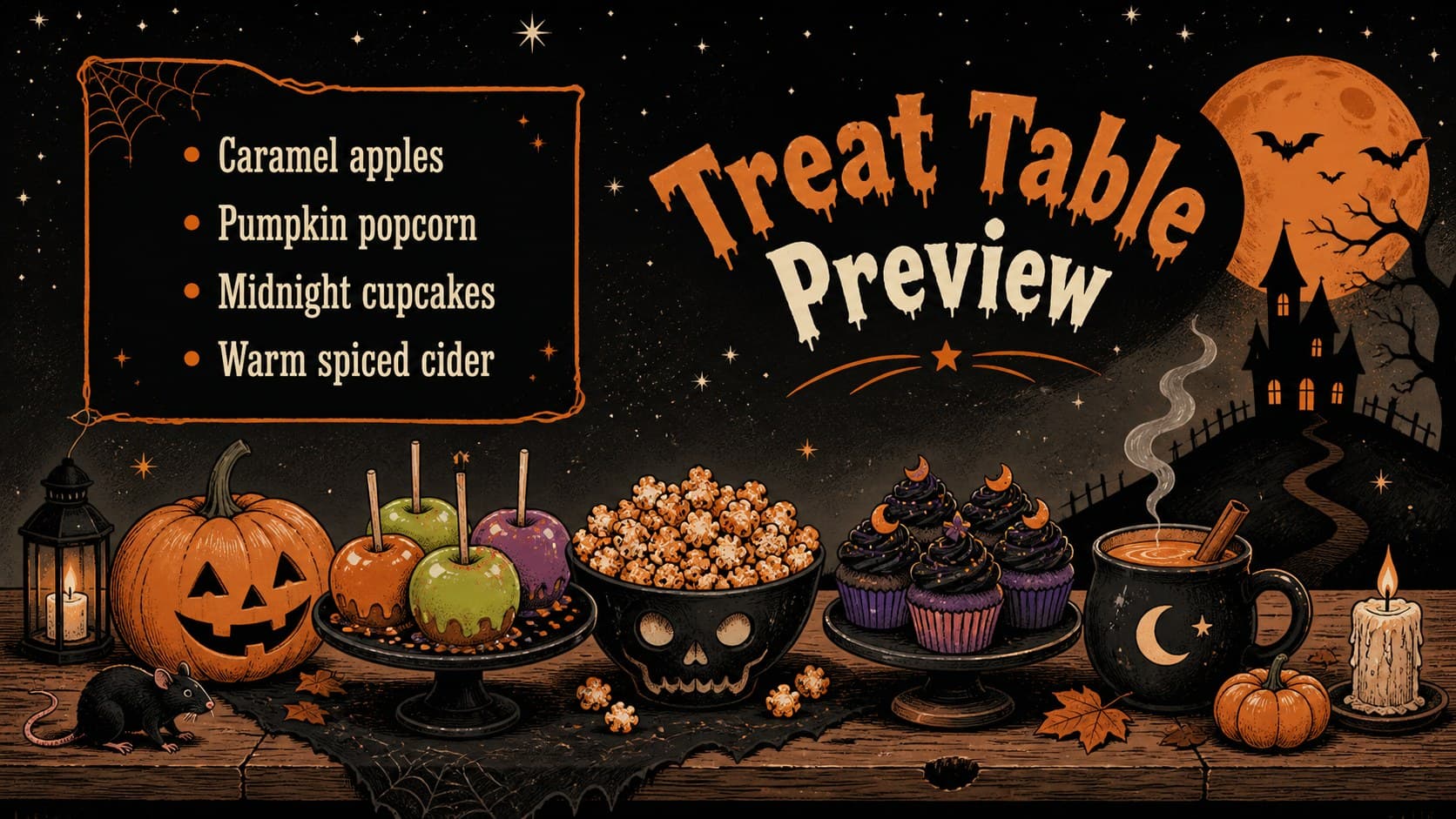Illustrated Halloween menu preview with candy, cider, popcorn, and party snacks.