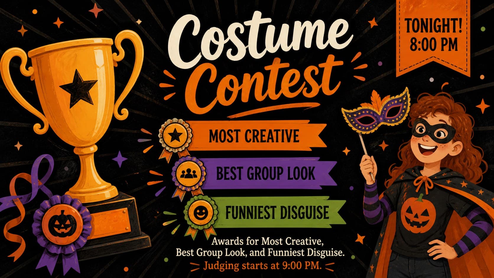 Halloween invitation slide encouraging guests to enter a costume contest.